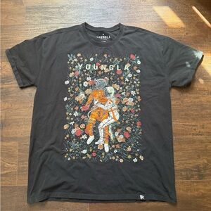 YoungLA Black Tee with Astronaut and Floral Graphic